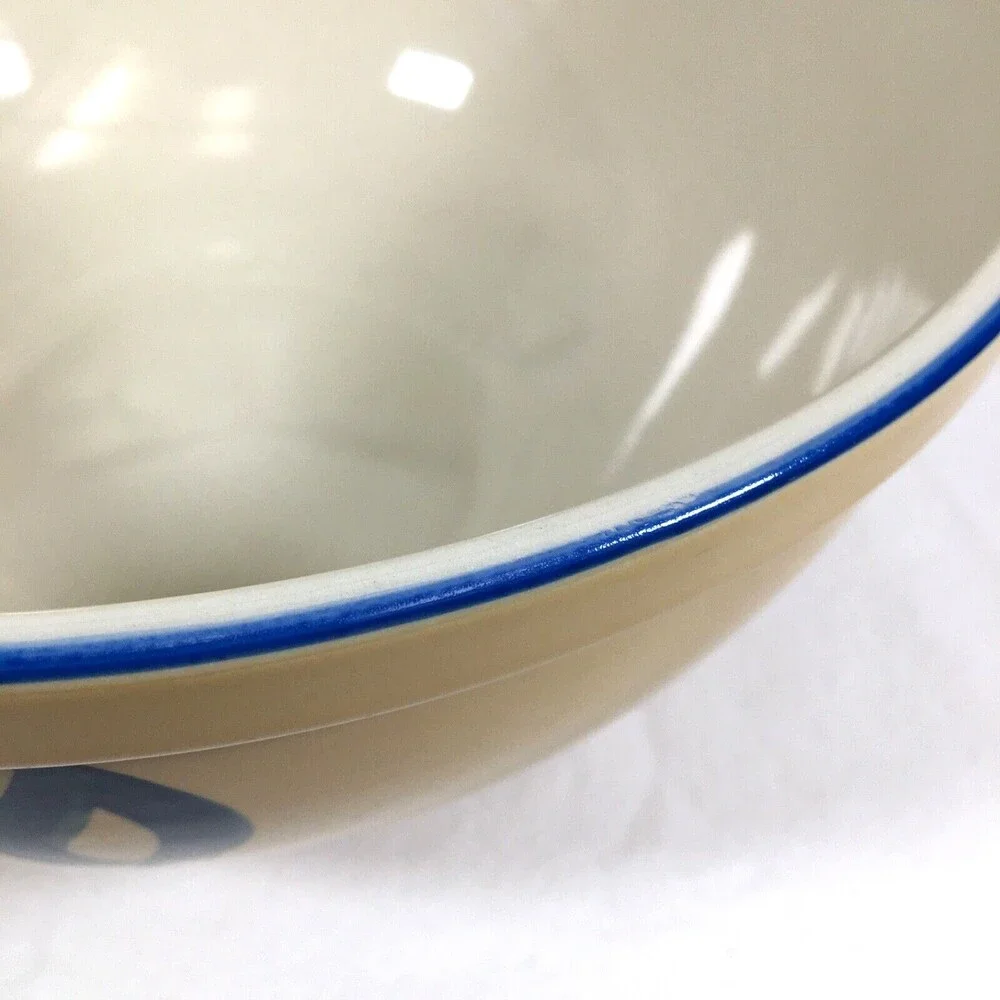 Vtg Yellow Ware Ceramic Blue Floral Leaf 8.5